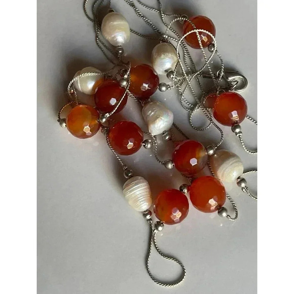 Sterling Silver 925 Multi Layered Pearl Necklace Carnelian Beads Gold Accents - Picture 4 of 8